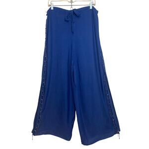Pareos etc Blue Mexican Beach High Rise Wide Beaded Palazzo Slit Pants One Size